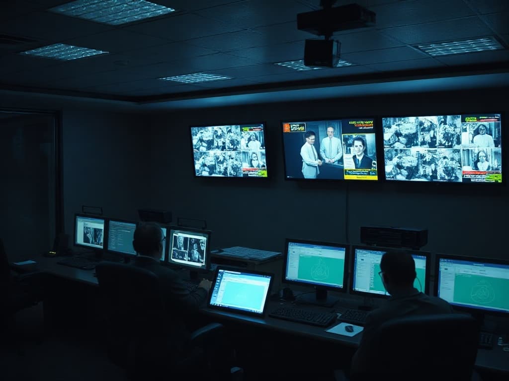 Security operations control-room console at night with multiple CCTV monitors and a dispatcher at the workstation.