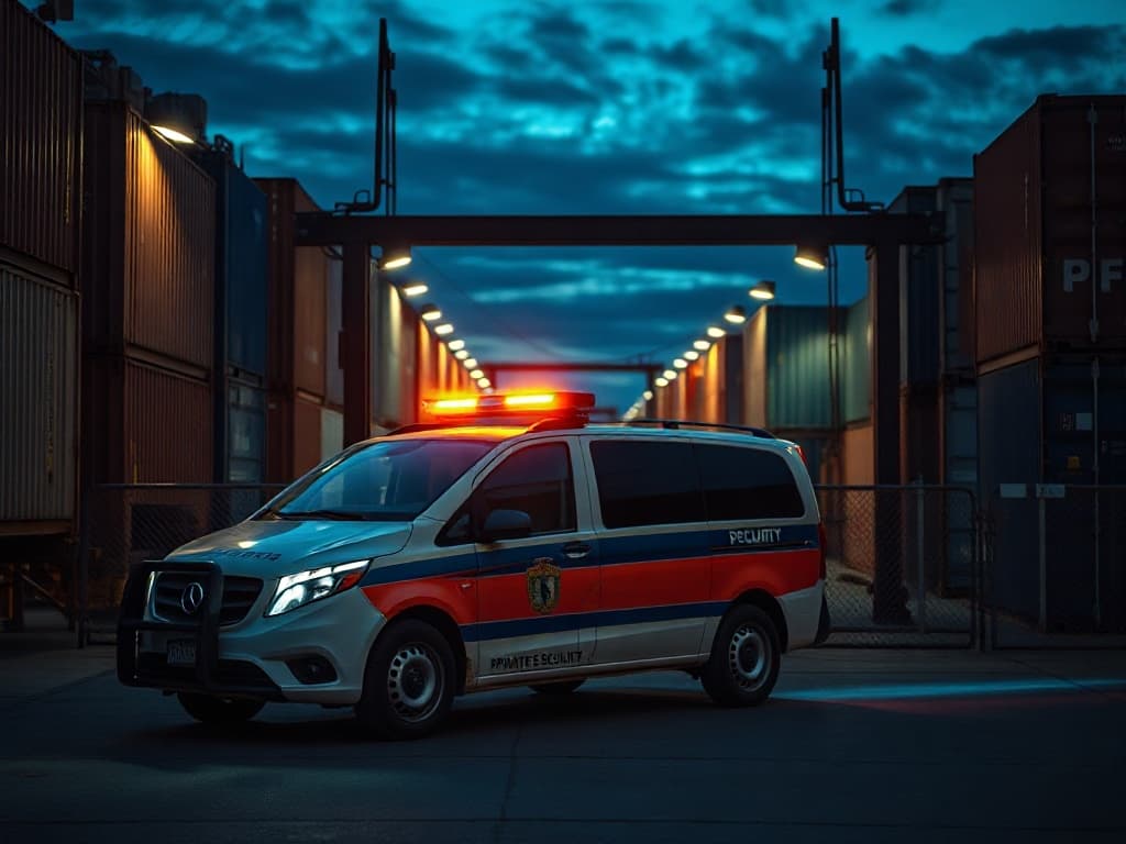 Marked private-security patrol vehicle with rooftop amber lights parked at a warehouse shipping yard gate at dusk.