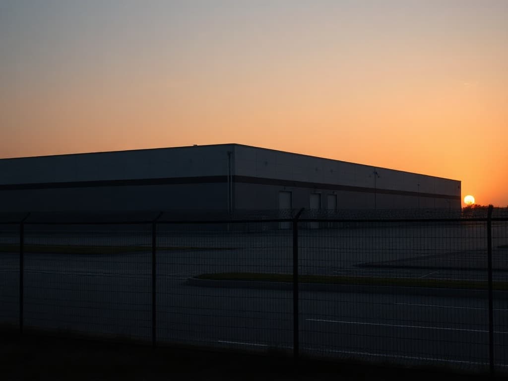Wide exterior view of a large industrial distribution warehouse at sunset, with perimeter fence and loading-dock silhouettes.