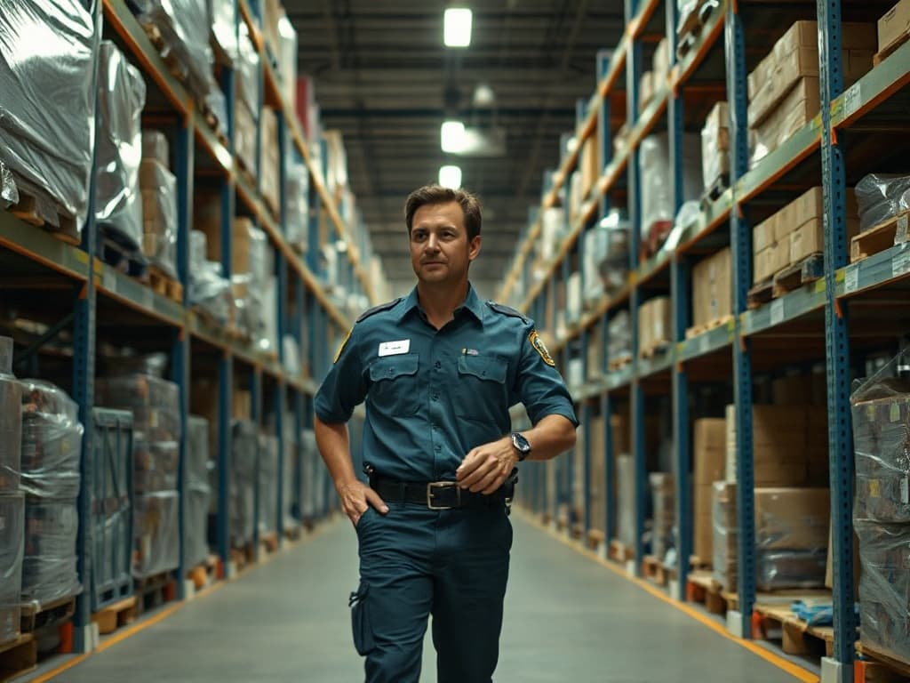 Plain-clothes loss-prevention officer walking a distribution-center rack aisle, scanning inventory in soft overhead industrial light.