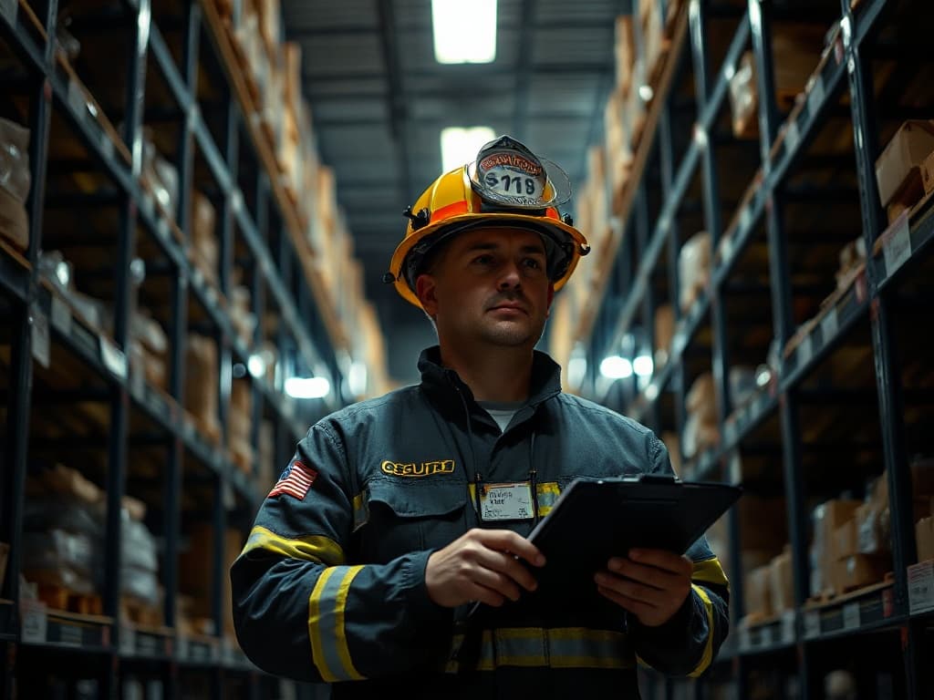 Fire-watch guard in hard hat with a clipboard log book inside a warehouse rack aisle under temporary emergency lighting.