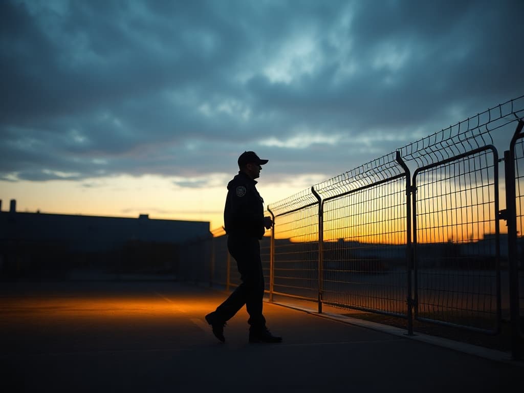 Uniformed security officer walking along a warehouse yard perimeter fence line at dusk.